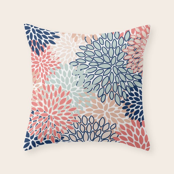 Festive, Floral Prints, Coral, Navy, Aqua Throw Pillow Gallery Image 1