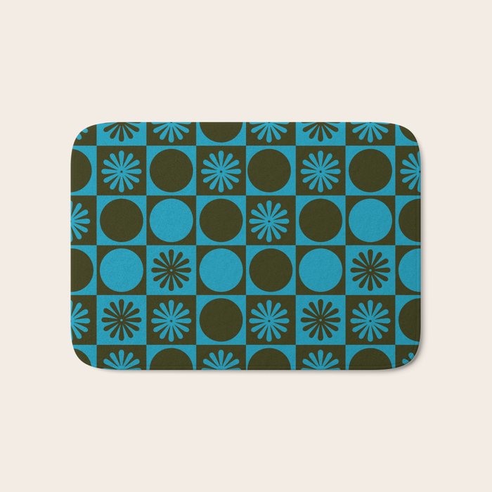 Retro Checkered Pattern (Muted Blue / Dark Green) Bath Mat Gallery Image 1
