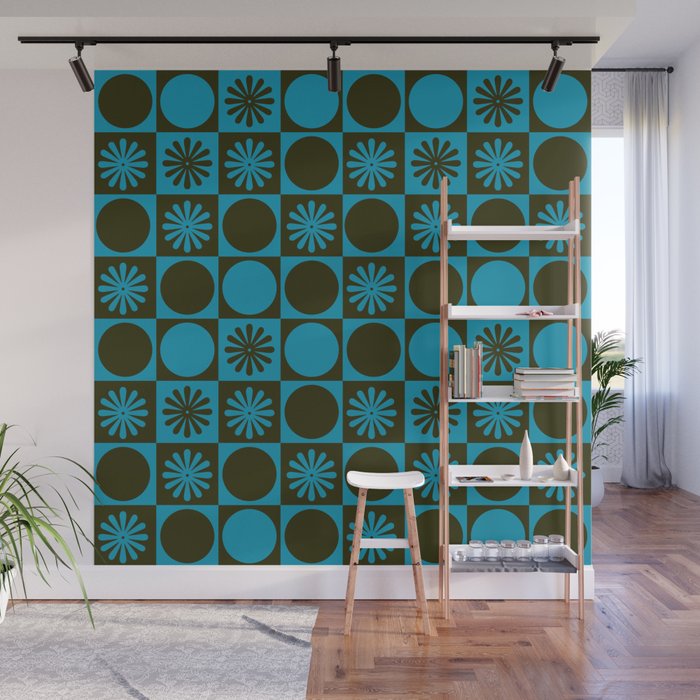 Retro Checkered Pattern (Muted Blue / Dark Green) Wall Mural Gallery Image 1