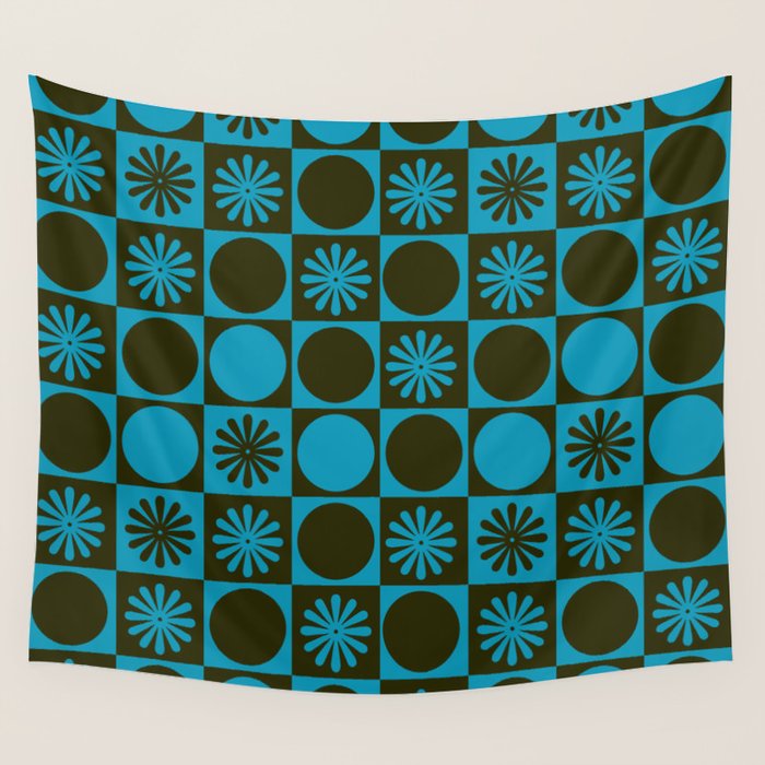 Retro Checkered Pattern (Muted Blue / Dark Green) Wall Tapestry Gallery Image 1