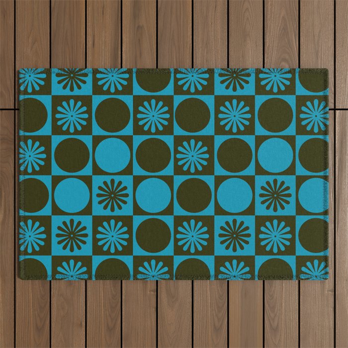 Retro Checkered Pattern (Muted Blue / Dark Green) Outdoor Rug Gallery Image 1