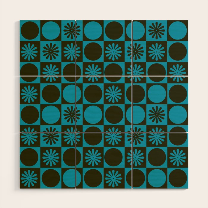 Retro Checkered Pattern (Muted Blue / Dark Green) Wood Wall Art Gallery Image 1