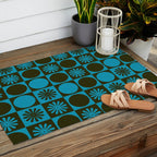 Retro Checkered Pattern (Muted Blue / Dark Green) Outdoor Rug Gallery Image 2
