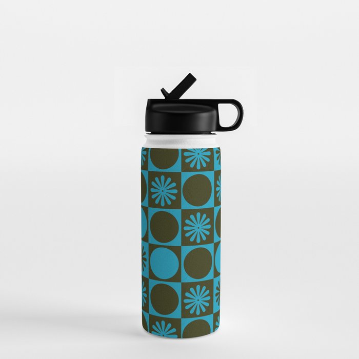 Retro Checkered Pattern (Muted Blue / Dark Green) Water Bottle