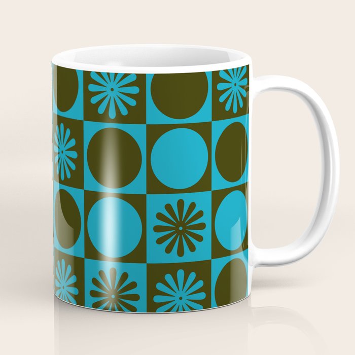 Retro Checkered Pattern (Muted Blue / Dark Green) Coffee Mug Gallery Image 1