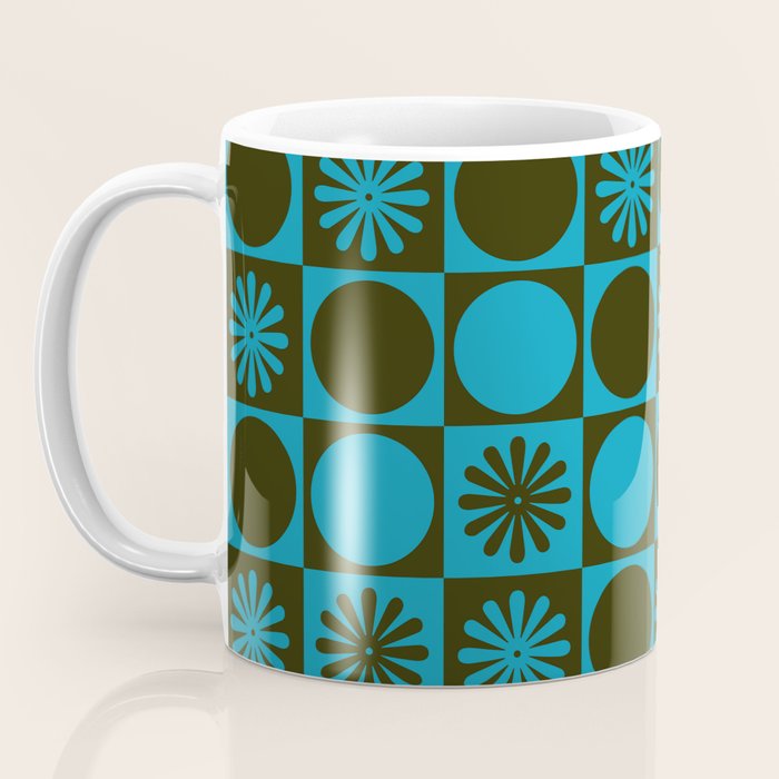 Retro Checkered Pattern (Muted Blue / Dark Green) Coffee Mug Gallery Image 3
