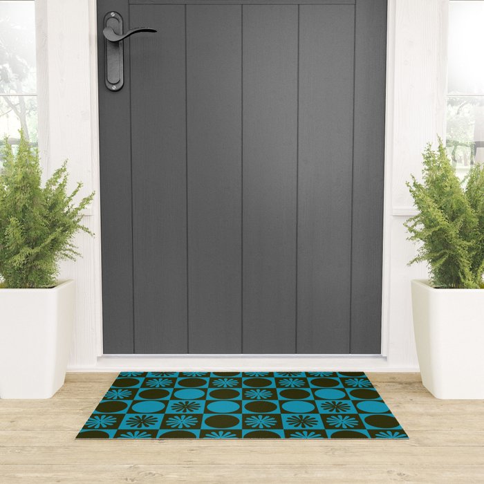 Retro Checkered Pattern (Muted Blue / Dark Green) Welcome Mat Gallery Image 3