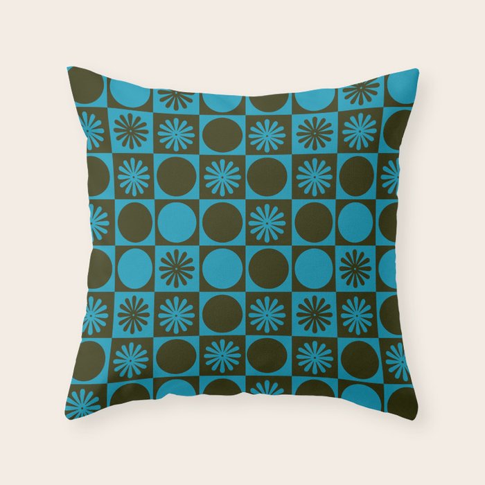 Retro Checkered Pattern (Muted Blue / Dark Green) Throw Pillow Gallery Image 6