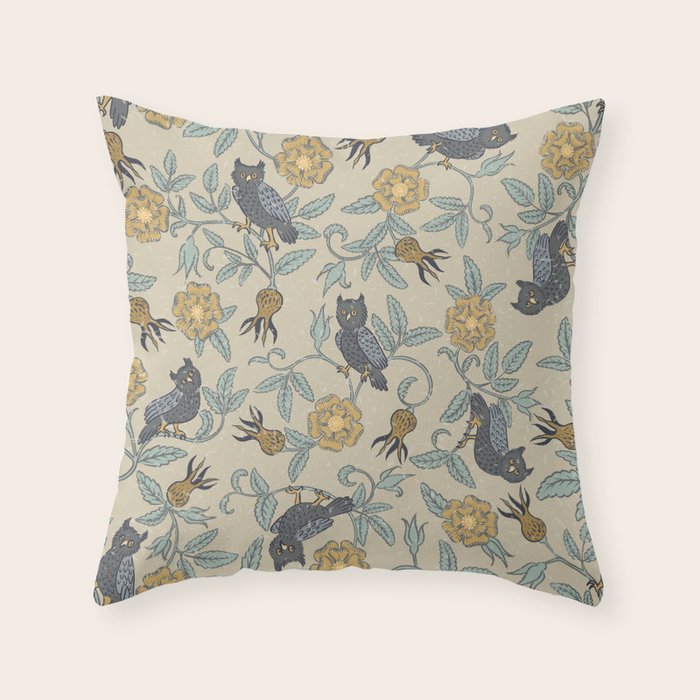 Tudor Owls in Grey Throw Pillow Gallery Image 1