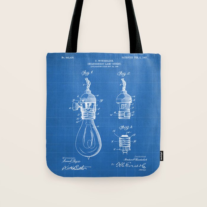 Light Bulb Patent - Designer Industrial Design Art - Blueprint Tote Bag Gallery Image 1