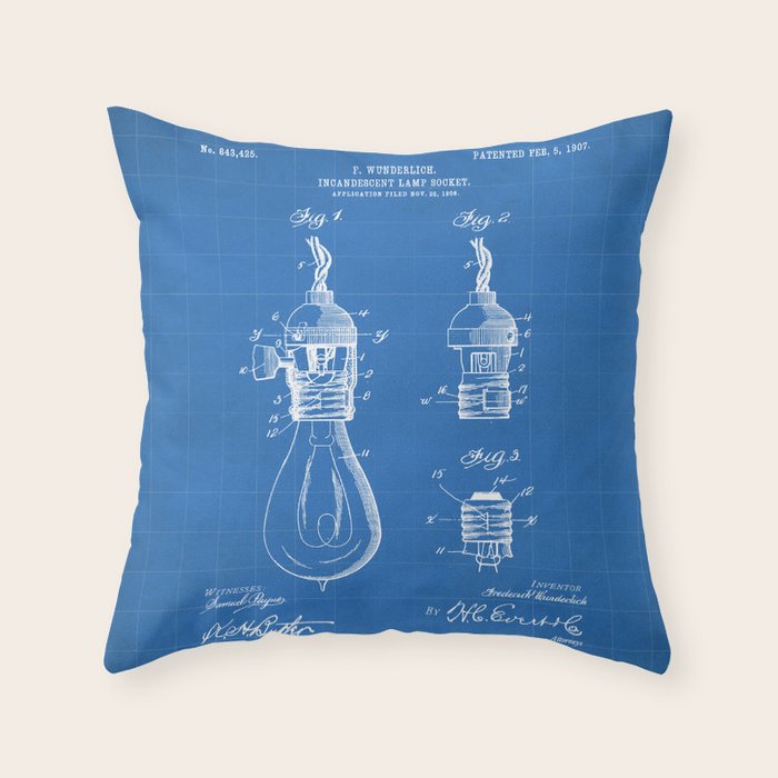 Light Bulb Patent - Designer Industrial Design Art - Blueprint Throw Pillow Gallery Image 1