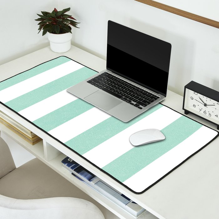 Minimal candy pastel stripes 1. mint and white Desk Mat Gallery Image 2