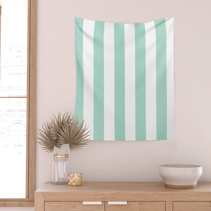 Minimal candy pastel stripes 1. mint and white Wall Tapestry Gallery Image 2