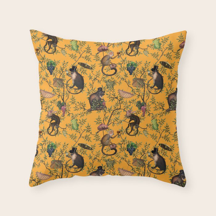 Vintage Chinoiserie Monkey Garden Party Throw Pillow Gallery Image 6