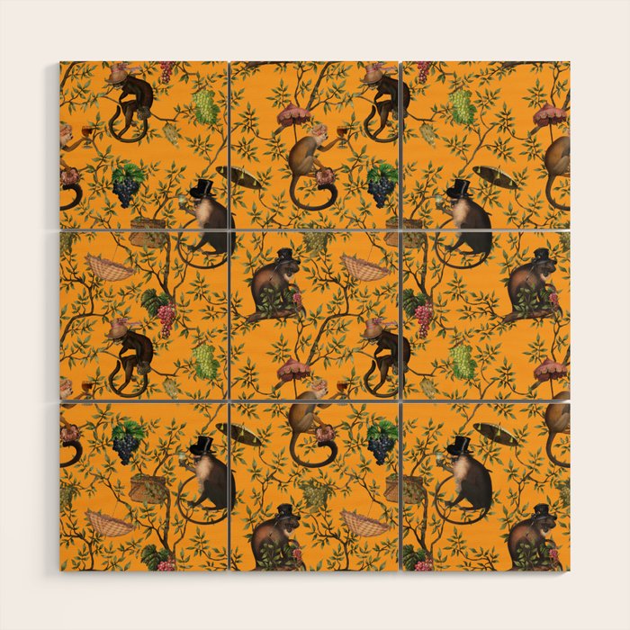 Vintage Chinoiserie Monkey Garden Party Wood Wall Art Gallery Image 1