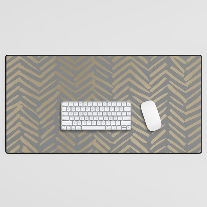 Herringbone, Boho, Mudcloth Pattern, Grey and Gold Desk Mat Gallery Image 1