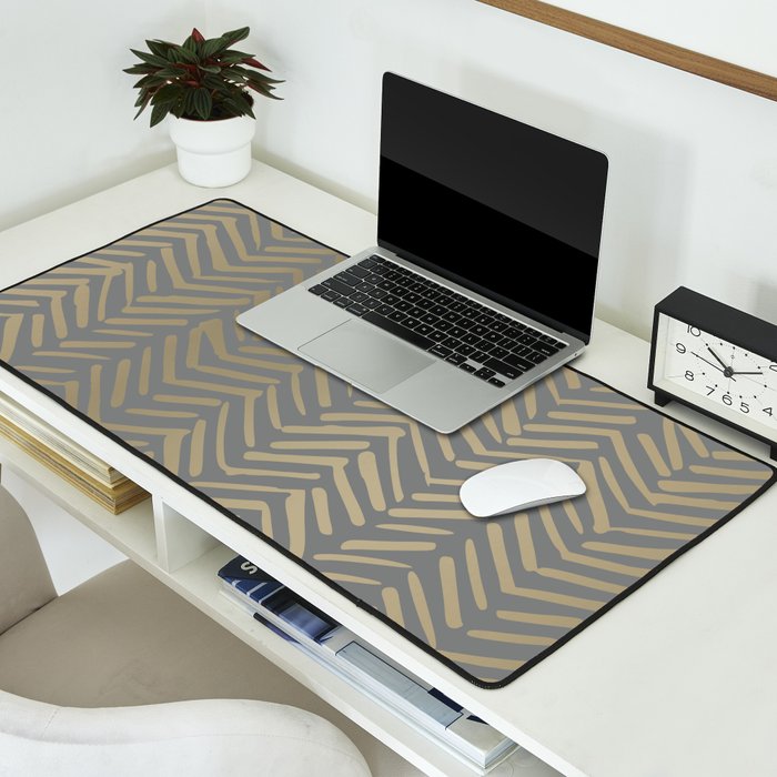 Herringbone, Boho, Mudcloth Pattern, Grey and Gold Desk Mat Gallery Image 2