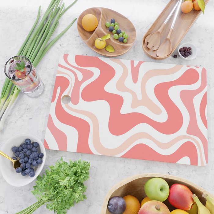 Liquid Swirl Retro Abstract Pattern in Blush Pink and White Cutting Board Gallery Image 2