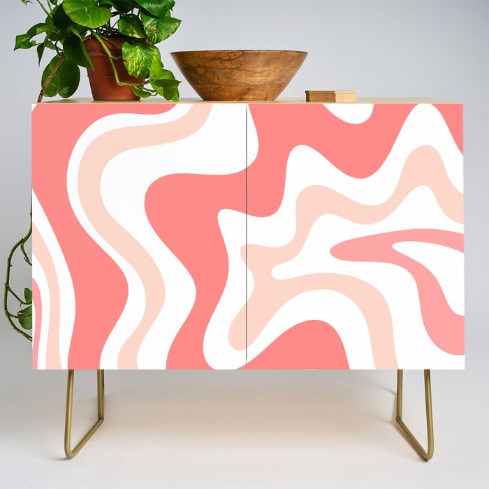 Liquid Swirl Retro Abstract Pattern in Blush Pink and White Credenza Gallery Image 1