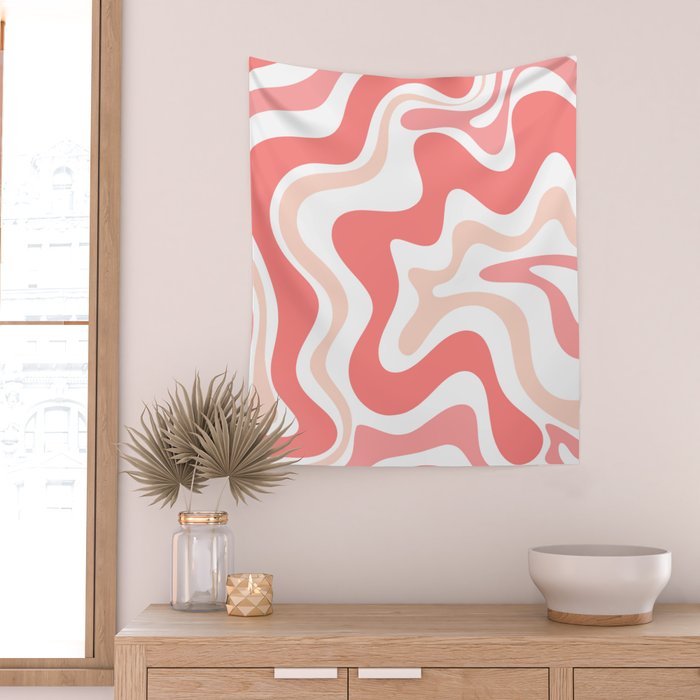 Liquid Swirl Retro Abstract Pattern in Blush Pink and White Wall Tapestry Gallery Image 2