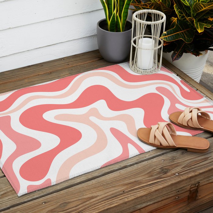 Liquid Swirl Retro Abstract Pattern in Blush Pink and White Outdoor Rug Gallery Image 2