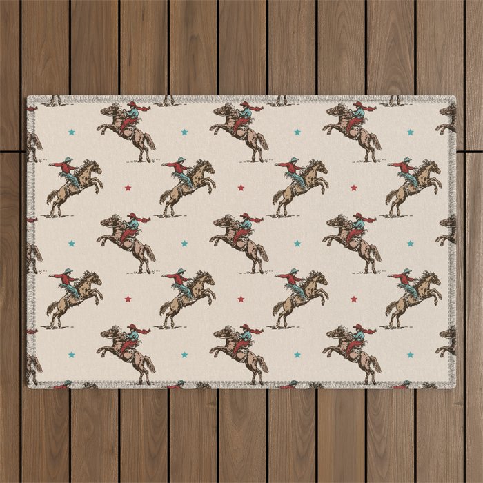 Cowboy Rodeo Bucking Bronco and Stars Outdoor Rug Gallery Image 1