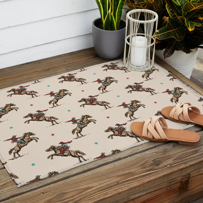 Cowboy Rodeo Bucking Bronco and Stars Outdoor Rug Gallery Image 2