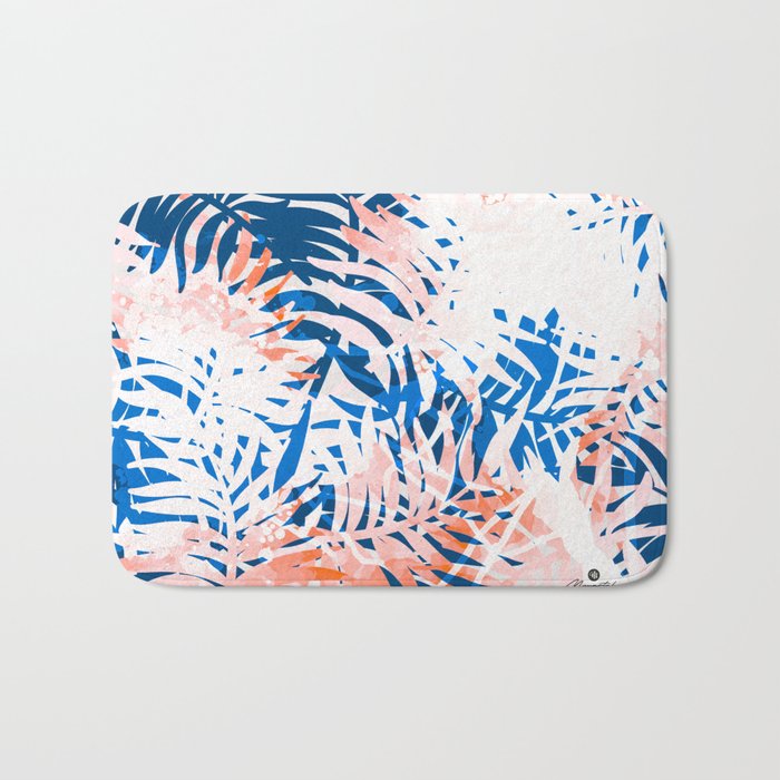 Tropical palms blue and coral Bath Mat Gallery Image 1
