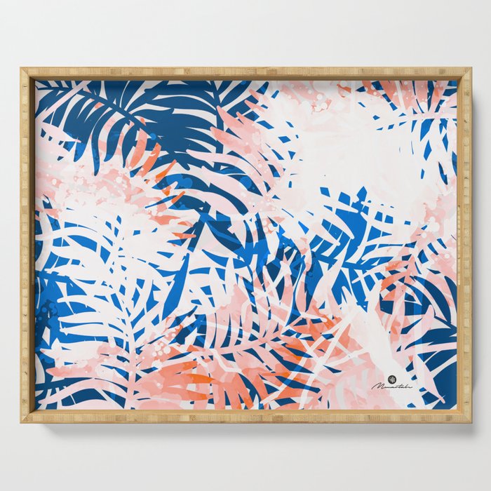 Tropical palms blue and coral Serving Tray Gallery Image 1