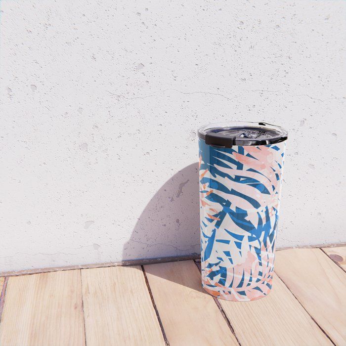 Tropical palms blue and coral Travel Mug Gallery Image 4