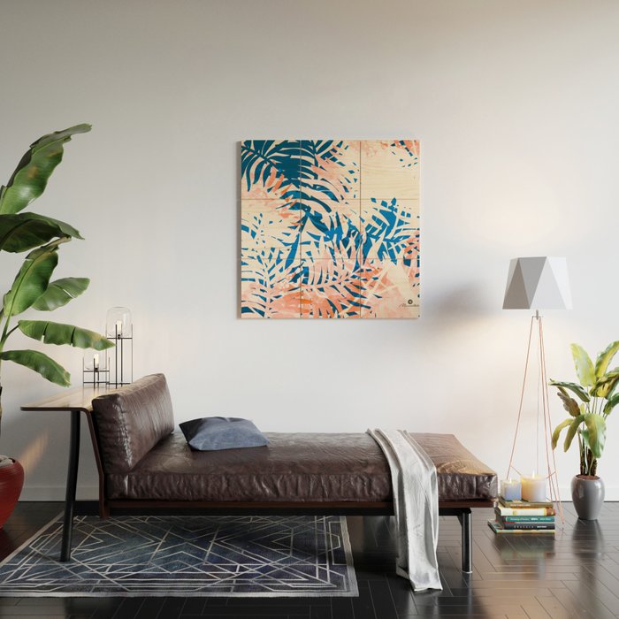 Tropical palms blue and coral Wood Wall Art Gallery Image 2