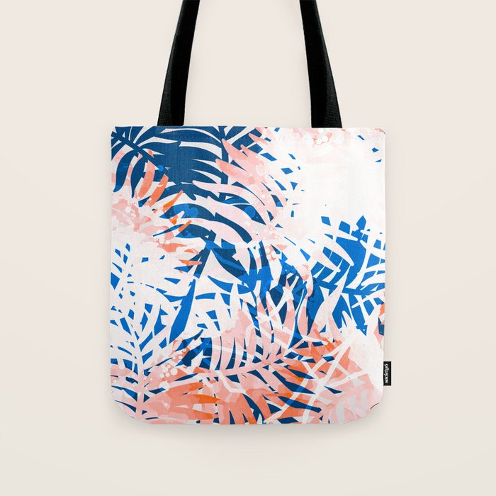 Tropical palms blue and coral Tote Bag Gallery Image 1