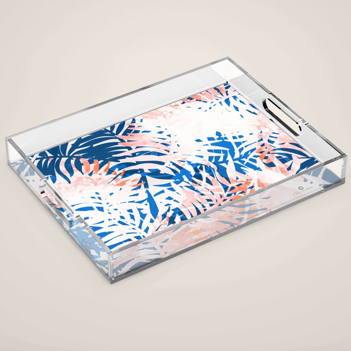 Tropical palms blue and coral Acrylic Tray Gallery Image 1