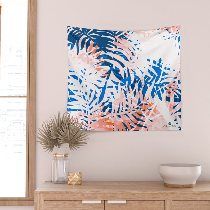Tropical palms blue and coral Wall Tapestry Gallery Image 2