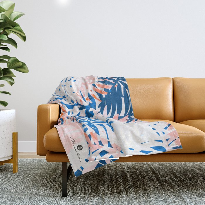 Tropical palms blue and coral Throw Blanket Gallery Image 1