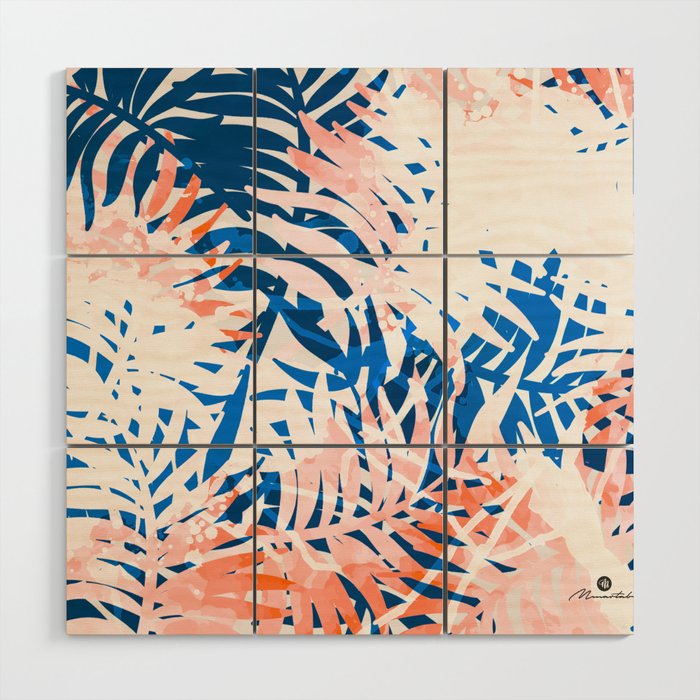 Tropical palms blue and coral Wood Wall Art Gallery Image 1