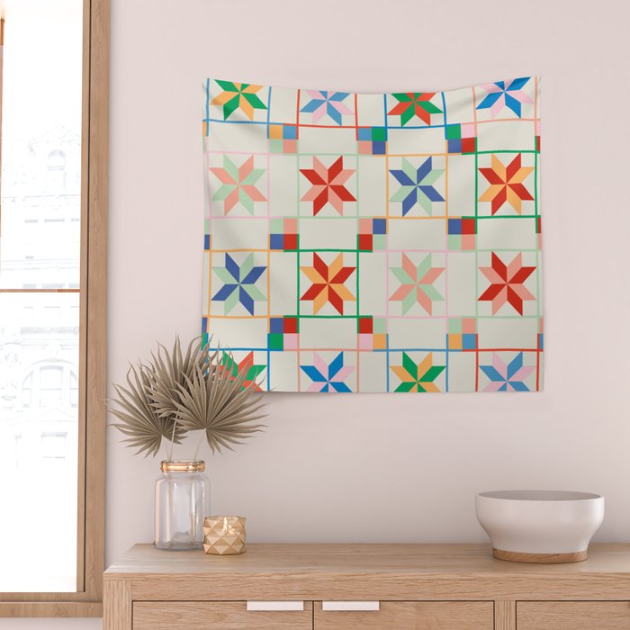 Vibrant  Colorful Star Quilt Pattern Wall Tapestry Gallery Image 2