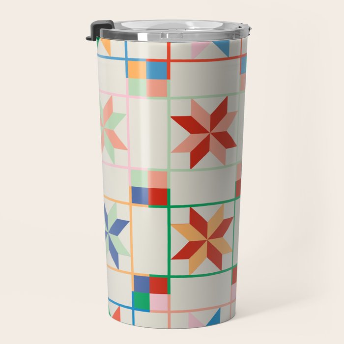 Vibrant  Colorful Star Quilt Pattern Travel Mug Gallery Image 3