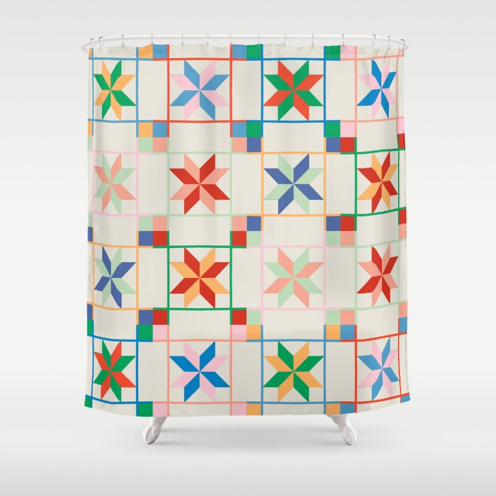 Vibrant  Colorful Star Quilt Pattern Shower Curtain Gallery Image 1