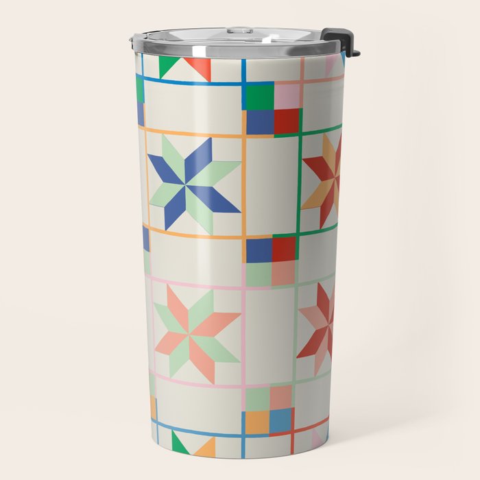 Vibrant  Colorful Star Quilt Pattern Travel Mug Gallery Image 2