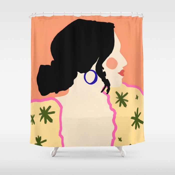 Profile, Bohemian Woman Casual Illustration, Eclectic Feminine Chic Pastel Painting, Girl Boss Lady Dress Up, Floral People Moods Shower Curtain Gallery Image 1
