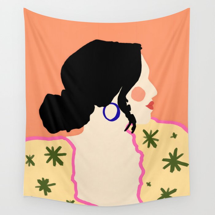 Profile, Bohemian Woman Casual Illustration, Eclectic Feminine Chic Pastel Painting, Girl Boss Lady Dress Up, Floral People Moods Wall Tapestry Gallery Image 4