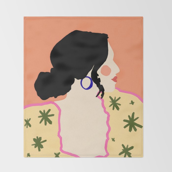 Profile, Bohemian Woman Casual Illustration, Eclectic Feminine Chic Pastel Painting, Girl Boss Lady Dress Up, Floral People Moods Throw Blanket Gallery Image 2