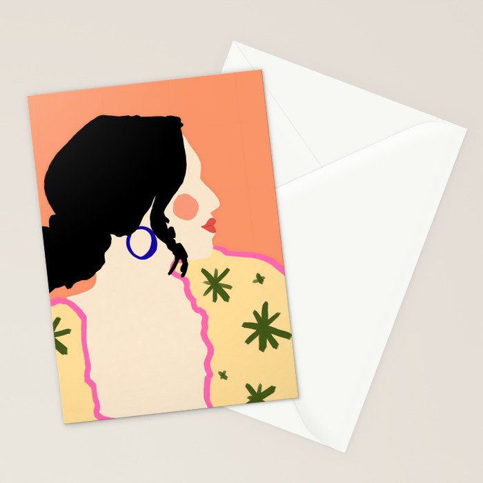Profile, Bohemian Woman Casual Illustration, Eclectic Feminine Chic Pastel Painting, Girl Boss Lady Dress Up, Floral People Moods Stationery Card Gallery Image 2