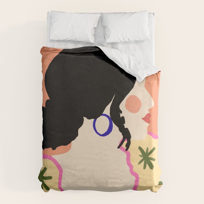 Profile, Bohemian Woman Casual Illustration, Eclectic Feminine Chic Pastel Painting, Girl Boss Lady Dress Up, Floral People Moods Duvet Cover Gallery Image 1
