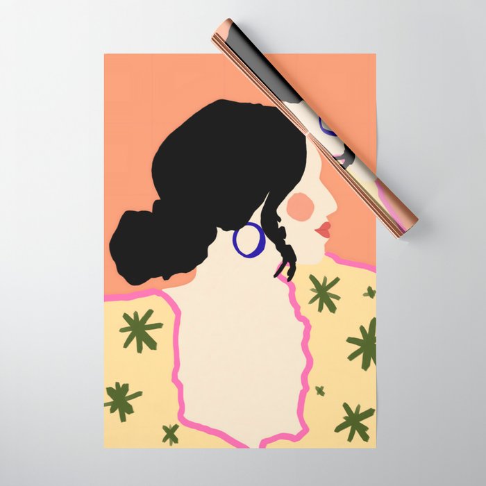 Profile, Bohemian Woman Casual Illustration, Eclectic Feminine Chic Pastel Painting, Girl Boss Lady Dress Up, Floral People Moods Wrapping Paper Gallery Image 1