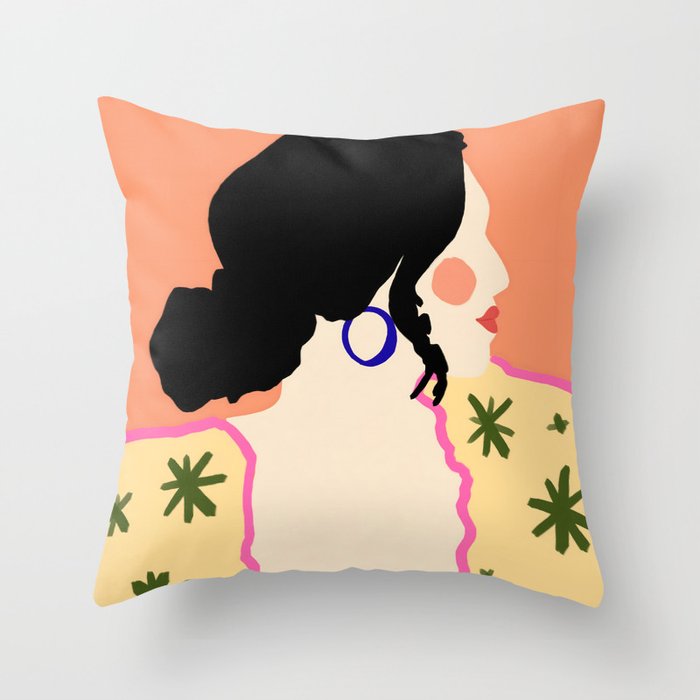Profile, Bohemian Woman Casual Illustration, Eclectic Feminine Chic Pastel Painting, Girl Boss Lady Dress Up, Floral People Moods Throw Pillow Gallery Image 1