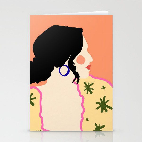 Profile, Bohemian Woman Casual Illustration, Eclectic Feminine Chic Pastel Painting, Girl Boss Lady Dress Up, Floral People Moods Stationery Card Gallery Image 1