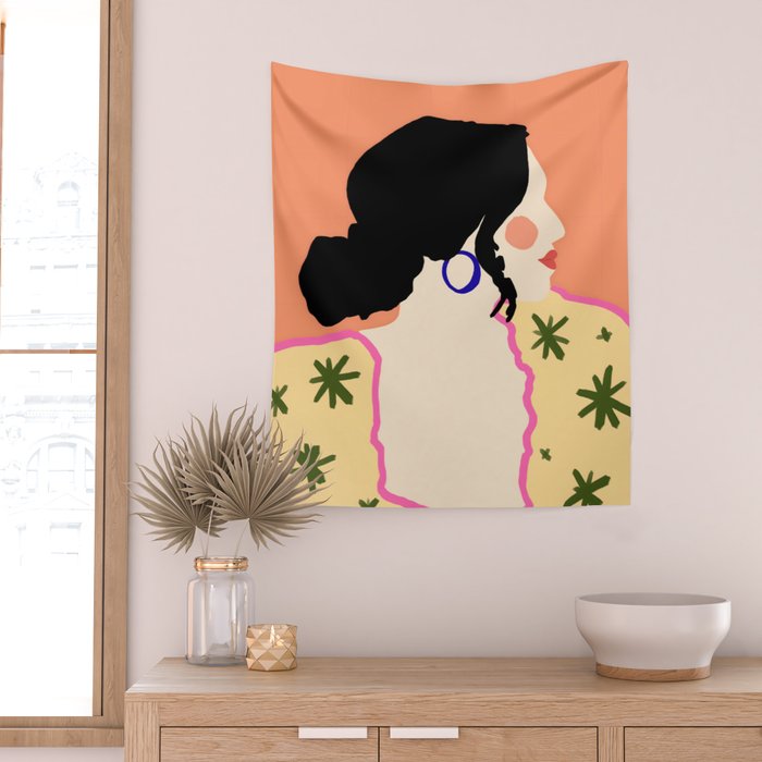 Profile, Bohemian Woman Casual Illustration, Eclectic Feminine Chic Pastel Painting, Girl Boss Lady Dress Up, Floral People Moods Wall Tapestry Gallery Image 2