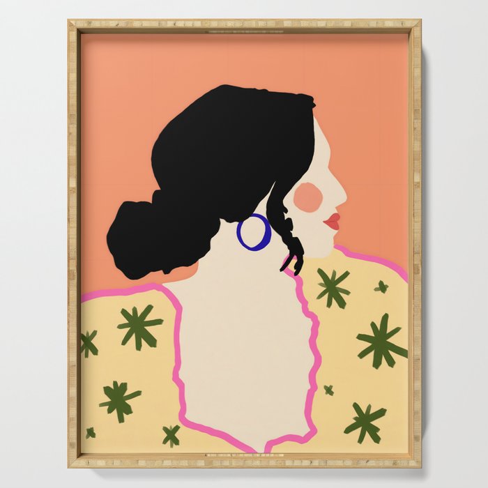 Profile, Bohemian Woman Casual Illustration, Eclectic Feminine Chic Pastel Painting, Girl Boss Lady Dress Up, Floral People Moods Serving Tray Gallery Image 1
